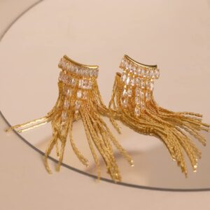 Sonateomber Cubic Zirconia Cluster Gold Fringe Front Back Earrings for Women - Trendy Sparkly Curved Bar Dainty Rhinestone Chain Tassel Waterfall Chandelier Drop Dangle Statement Jewelry Prom Gift