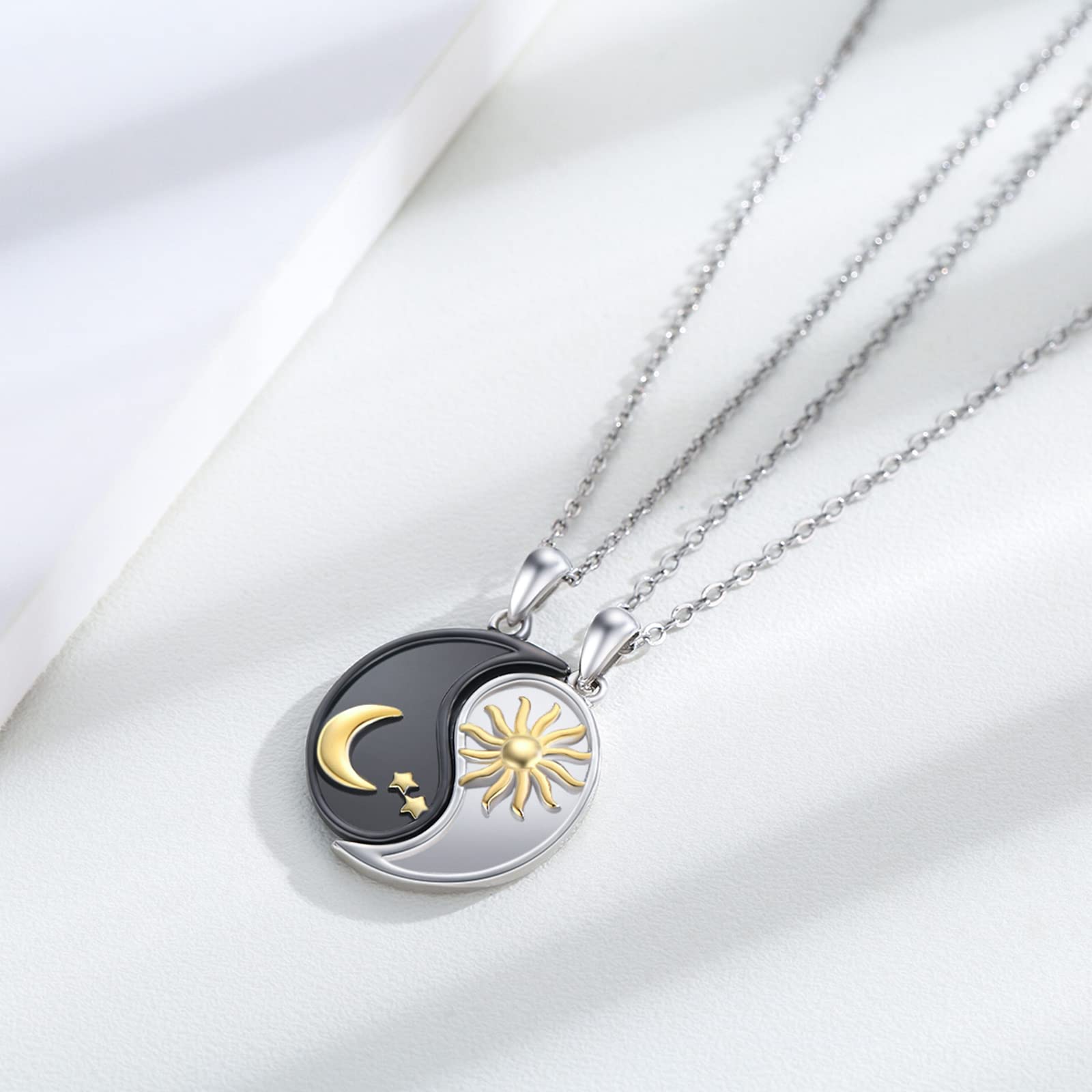 XIXLES Yin Yang Matching Necklace Set 925 Sterling Silver Moon And Sun Couples Necklaces, Yin Yang Matching Couple Jewelry for Friend Couples