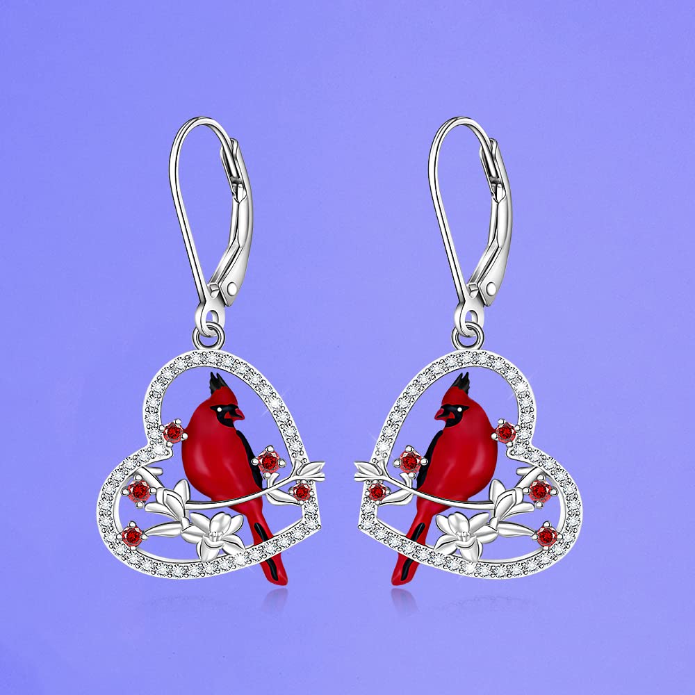 Cardinal Earrings for Women Sterling Silver 925 Red Cardinal Bird Earrings Dangle Cute Heart Cardinal Jewelry Memorial Valentines Mothers Day Gifts