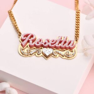 Gemiac Name Necklace Double Plate Pink Acrylic Nameplate Necklace with Heart Personalized Custom Necklace Gift for Women Customized Jewelry