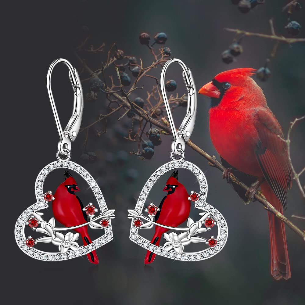 Cardinal Earrings for Women Sterling Silver 925 Red Cardinal Bird Earrings Dangle Cute Heart Cardinal Jewelry Memorial Valentines Mothers Day Gifts