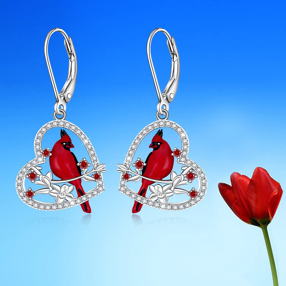 Cardinal Earrings for Women Sterling Silver 925 Red Cardinal Bird Earrings Dangle Cute Heart Cardinal Jewelry Memorial Valentines Mothers Day Gifts