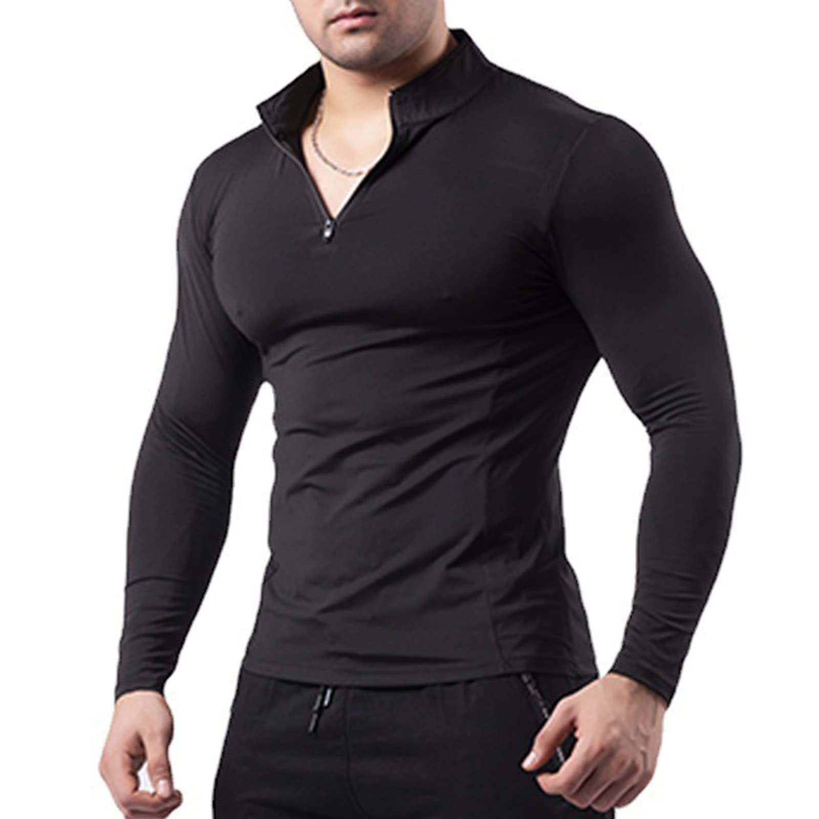 Men's 1/4 Zip Pullover Quarter Zip Fitted Running Shirt Long Sleeve Gym Quick Dry Lightweight Workout Tee Shirts(Black,Small)