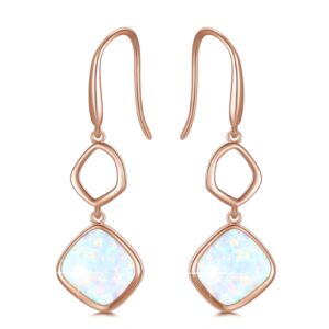 925 Sterling Silver Rose Gold Plated White Opal Dangle Earrings, October Birthstone Dainty Opal Earrings for Women, Bridal Wedding Jewelry Gift for Brides