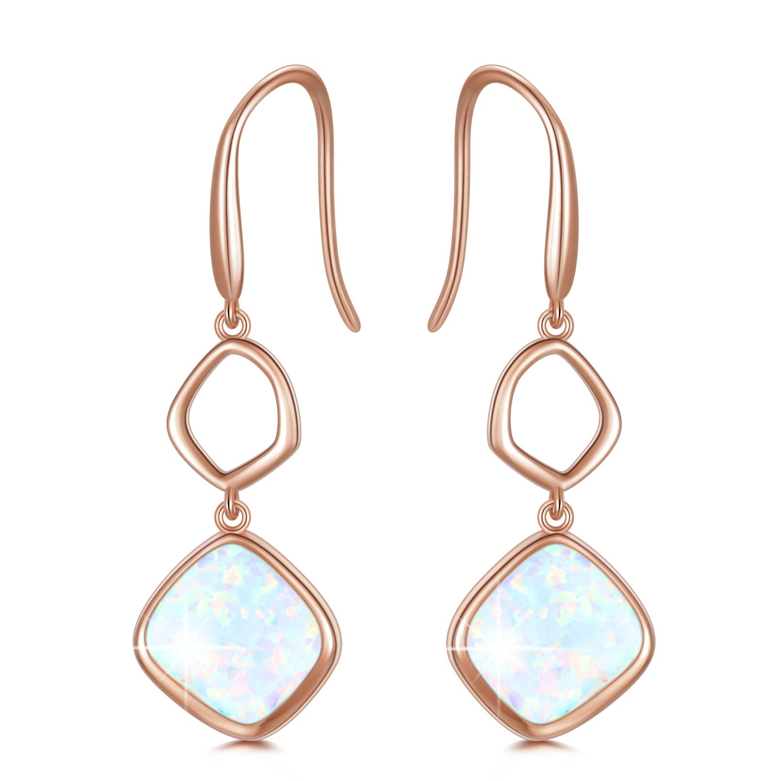 925 Sterling Silver Rose Gold Plated White Opal Dangle Earrings, October Birthstone Dainty Opal Earrings for Women, Bridal Wedding Jewelry Gift for Brides