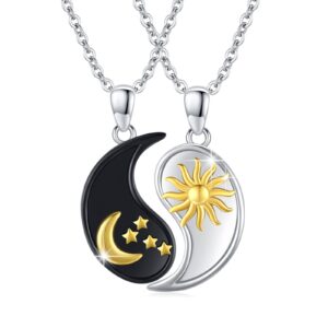 xixles yin yang matching necklace set 925 sterling silver moon and sun couples necklaces, yin yang matching couple jewelry for friend couples