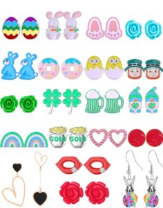 20 pairs mothers day st patrick's day easter hypoallergenic drop stud earrings bulk for girls women clover shamrock green hat easter eggs bunny earrings dangle stud earrings set for teen girls women valentine’s day gifts, easter (valentine’s/st patrick's/