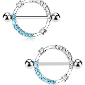 Melighting 14G Nipple Rings Shiny Stainless Steel 316L Clear Blue CZ Dainty Round Nipple Barbell Nipple Bars Body Piercing Jewelry for Women