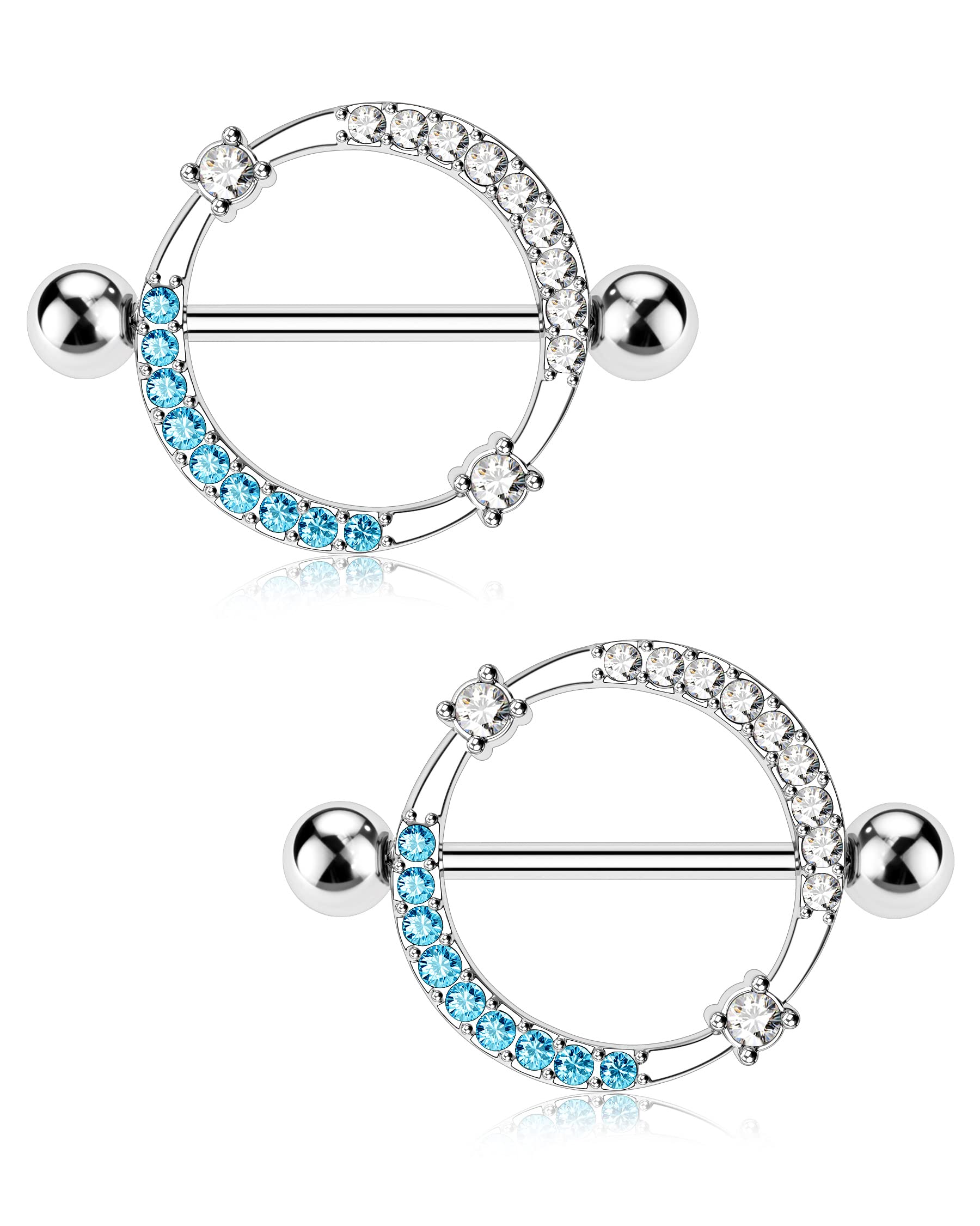 Melighting 14G Nipple Rings Shiny Stainless Steel 316L Clear Blue CZ Dainty Round Nipple Barbell Nipple Bars Body Piercing Jewelry for Women