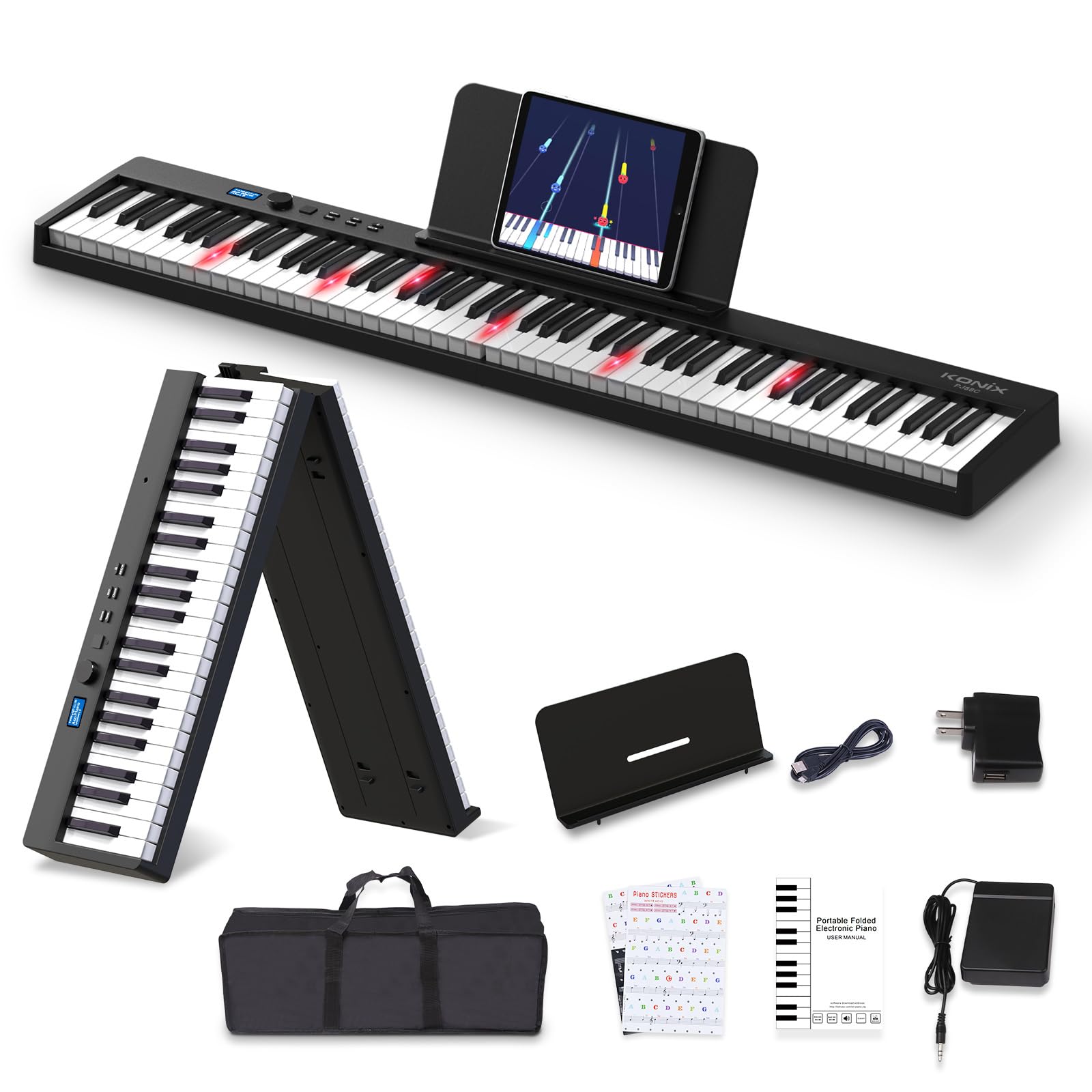 KONIX Folding Piano Keyboard, 88 Keys Full Size Semi-Weighted Foldable Piano, Portable Electric Keyboard Piano with Light Up Key, Sustain Pedal, Piano Stickers, Sheet Music Stand and Piano Bag, Black