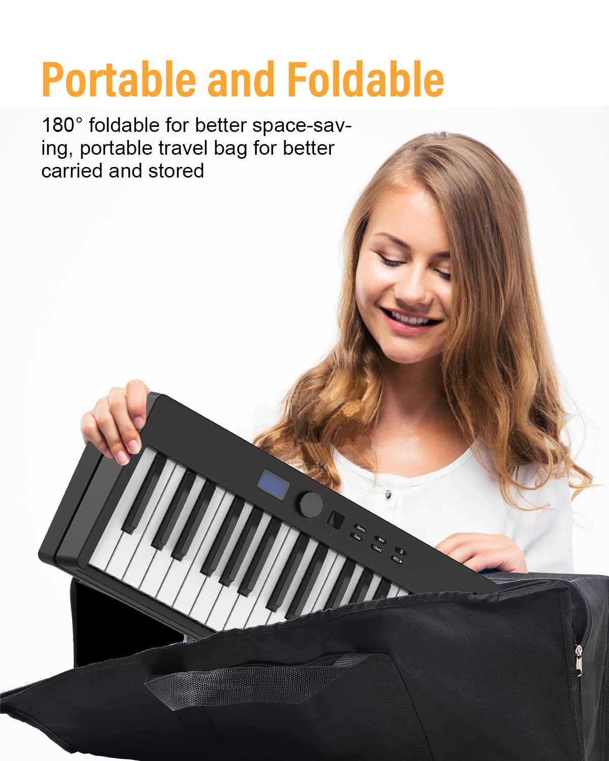 KONIX Folding Piano Keyboard, 88 Keys Full Size Semi-Weighted Foldable Piano, Portable Electric Keyboard Piano with Light Up Key, Sustain Pedal, Piano Stickers, Sheet Music Stand and Piano Bag, Black