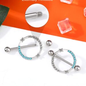 Melighting 14G Nipple Rings Shiny Stainless Steel 316L Clear Blue CZ Dainty Round Nipple Barbell Nipple Bars Body Piercing Jewelry for Women