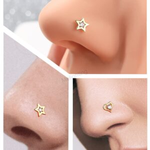 MeIighting 14K Solid Gold Nose Stud 20G Heart Nose Rings Clear Round CZ Nose Piercing Jewelry for Women Men Real Gold