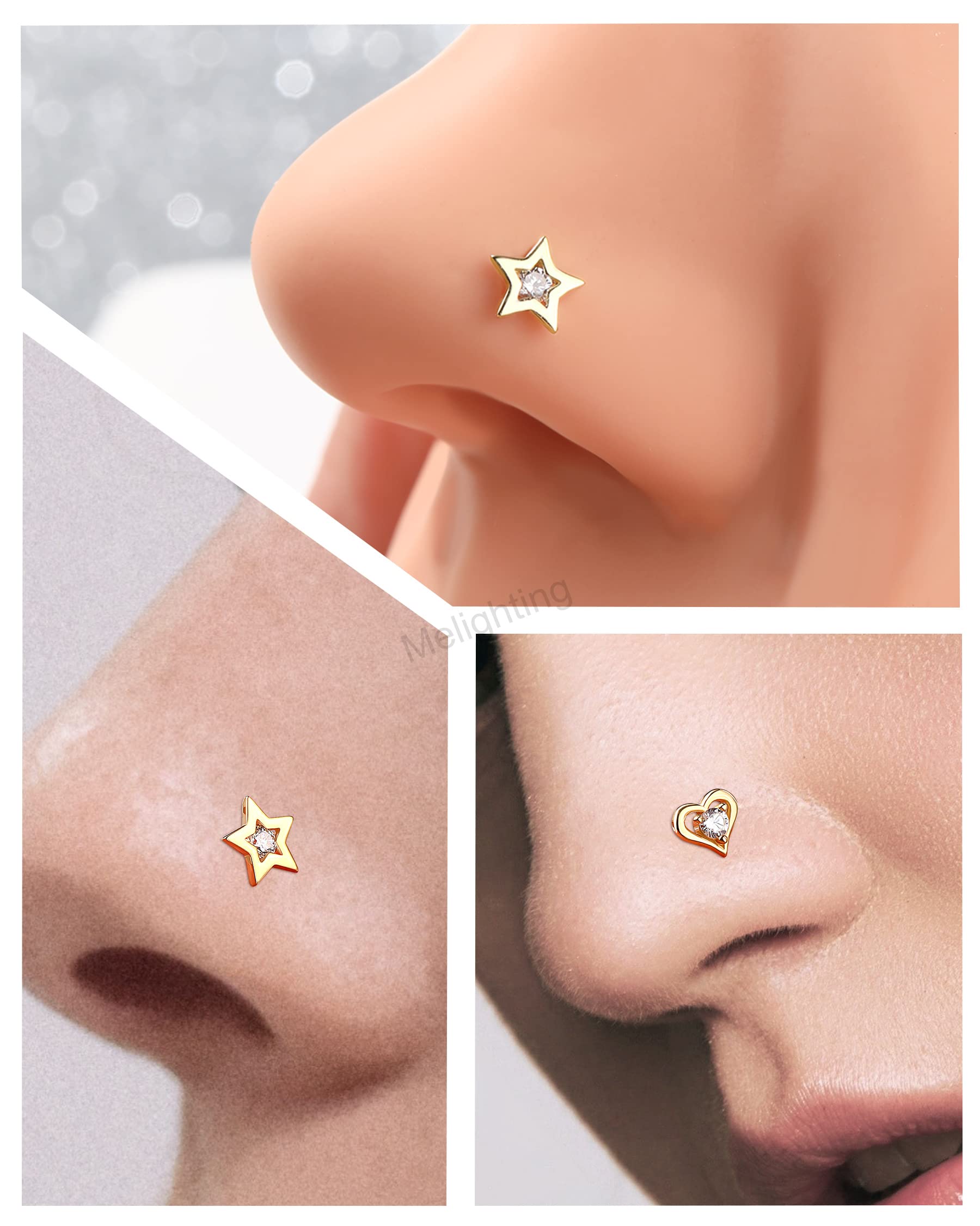 MeIighting 14K Solid Gold Nose Stud 20G Heart Nose Rings Clear Round CZ Nose Piercing Jewelry for Women Men Real Gold