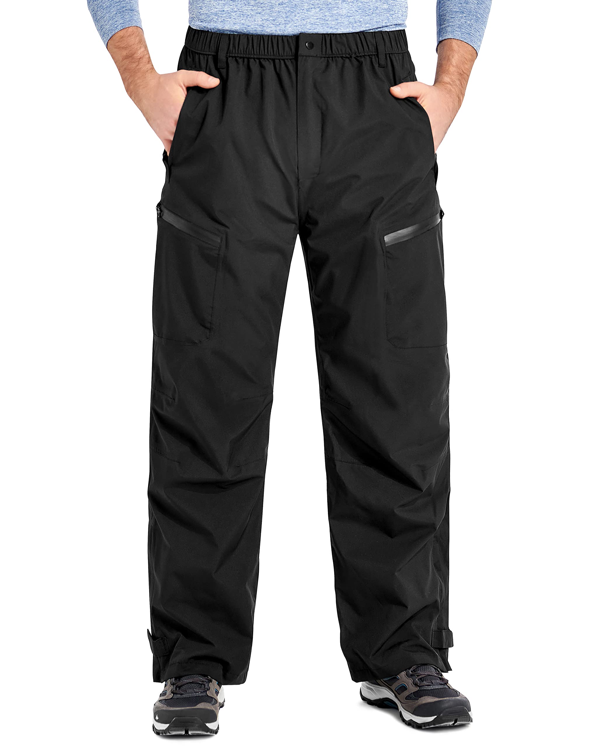 Men's Rain Pants, Waterproof Rain Over Pants Lightweight Packable Windproof Hiking Pants Outdoor Golf Work Black