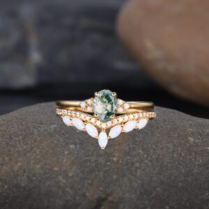 Moss Agate Engagement Ring Set Yellow Gold Plated Bridal Ring Set CZ Opal Curved Stacking Band Women's Delicate Ring Set Gift For Her BY KANISHKA GEMS JEWELS