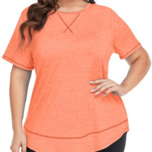 COOTRY Plus Size Workout Tops for Women Short Sleeve Loose fit Shirts Athletic Gym Yoga Clothing Short Orange 3XL