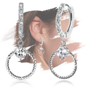 Sterling Silver Hoop Earrings with Drop Dangle for Women Hypoallergenic Twisted Earrings Huggie Hoop Earrings with Charms Trendy Cubic Zirconia Loop Earrings with Dangling Fashion Earring Gift for Her