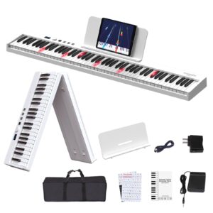 konix folding piano keyboard, 88 keys full size semi-weighted foldable piano, portable electronic keyboard piano with light up keys, sustain pedal, keyboard stickers, music stand and piano bag, white