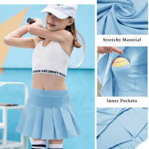 Arshiner Tennis Skirt Pleated Golf Skirts with Pockets Workout Sports Running Athletic Mini Skort (Light Blue, 8-9 Years)