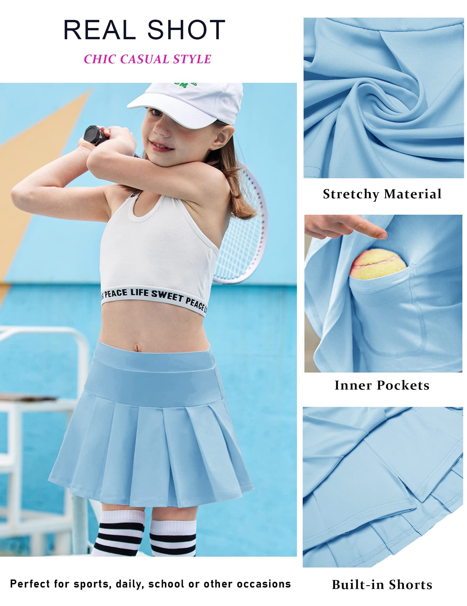 Arshiner Tennis Skirt Pleated Golf Skirts with Pockets Workout Sports Running Athletic Mini Skort (Light Blue, 8-9 Years)