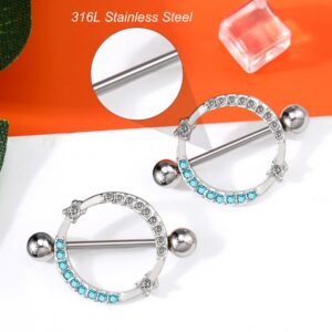 Melighting 14G Nipple Rings Shiny Stainless Steel 316L Clear Blue CZ Dainty Round Nipple Barbell Nipple Bars Body Piercing Jewelry for Women