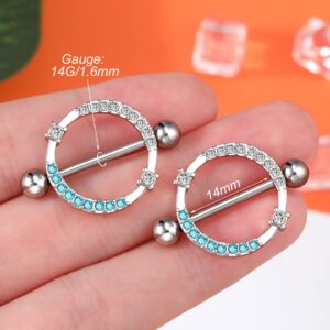 Melighting 14G Nipple Rings Shiny Stainless Steel 316L Clear Blue CZ Dainty Round Nipple Barbell Nipple Bars Body Piercing Jewelry for Women