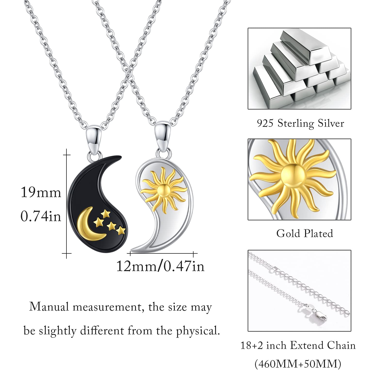 XIXLES Yin Yang Matching Necklace Set 925 Sterling Silver Moon And Sun Couples Necklaces, Yin Yang Matching Couple Jewelry for Friend Couples