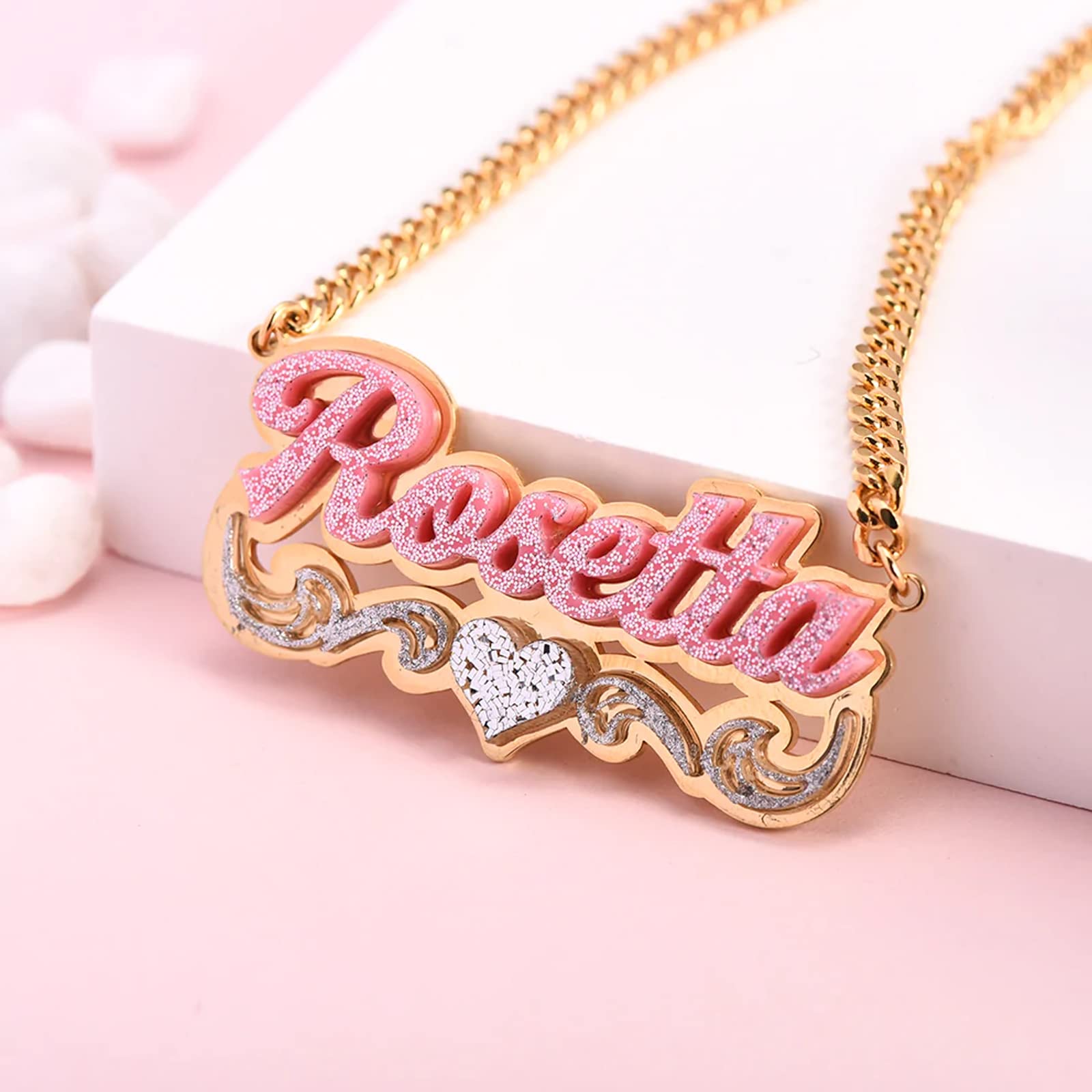 Gemiac Name Necklace Double Plate Pink Acrylic Nameplate Necklace with Heart Personalized Custom Necklace Gift for Women Customized Jewelry