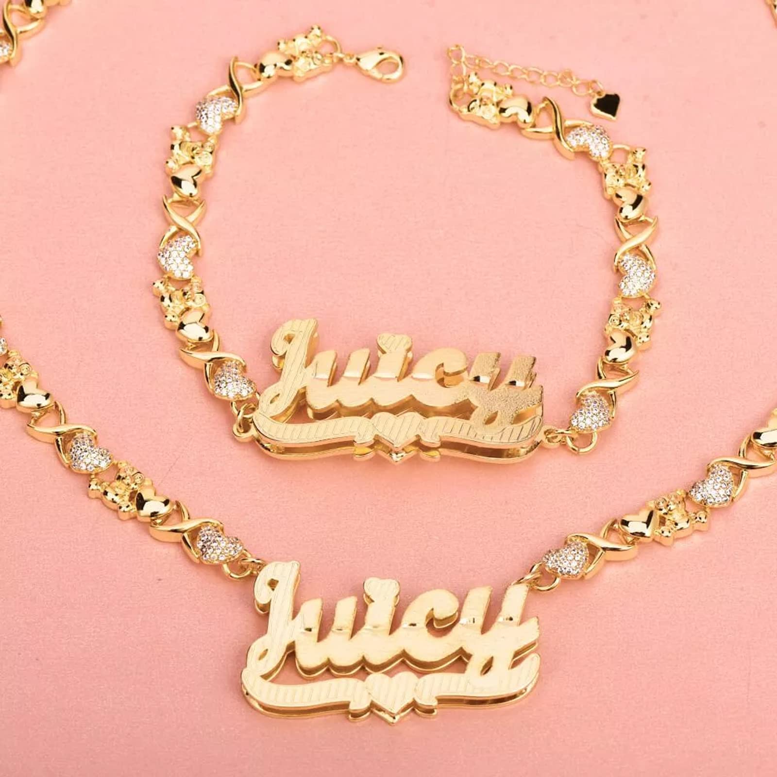 Custom Name Necklace Personalized Bracelet Set Gold Plated Double-Layer Nameplate Necklace Customized Gift for Women