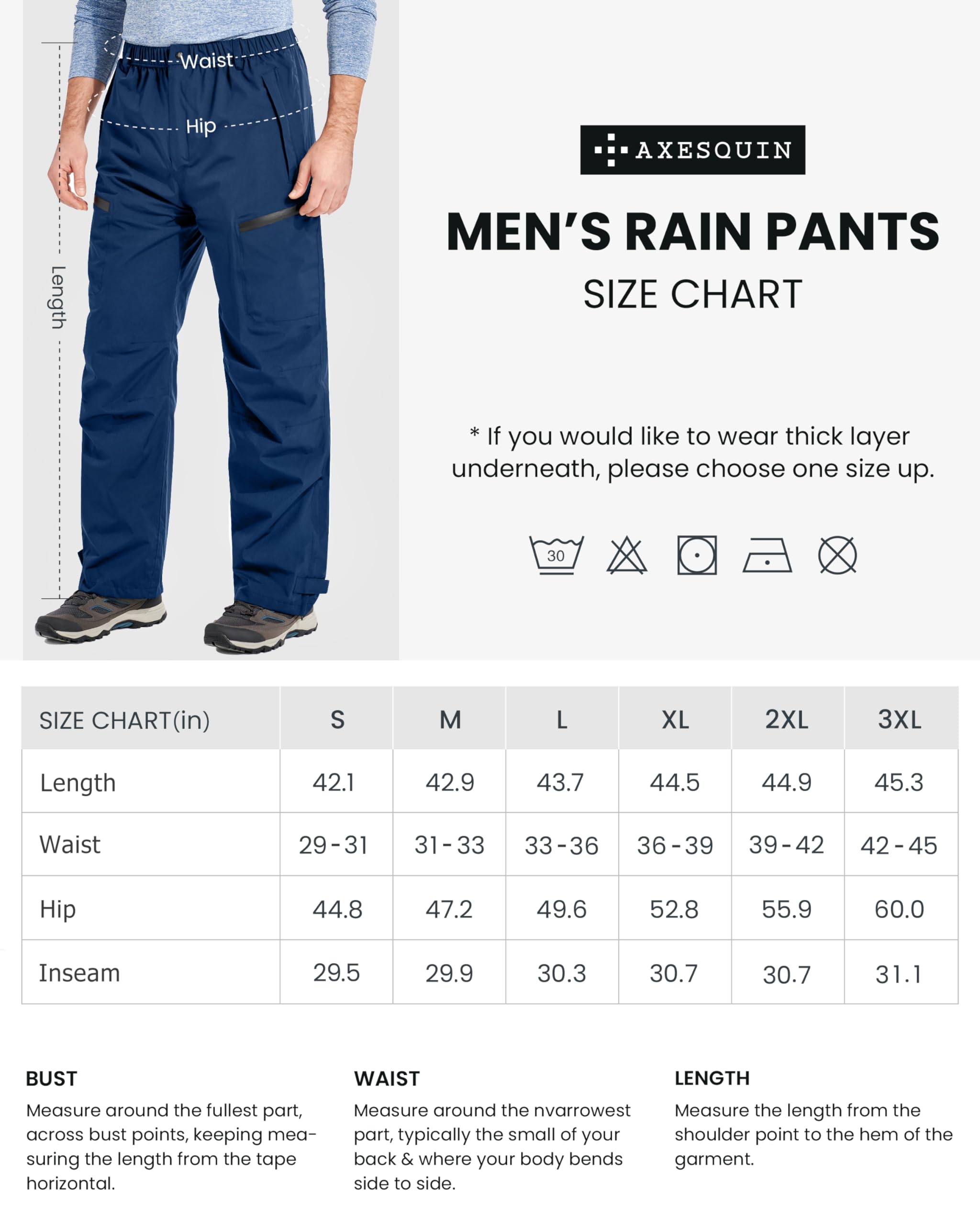 Men's Rain Pants, Waterproof Rain Over Pants Lightweight Packable Windproof Hiking Pants Outdoor Golf Work Navy