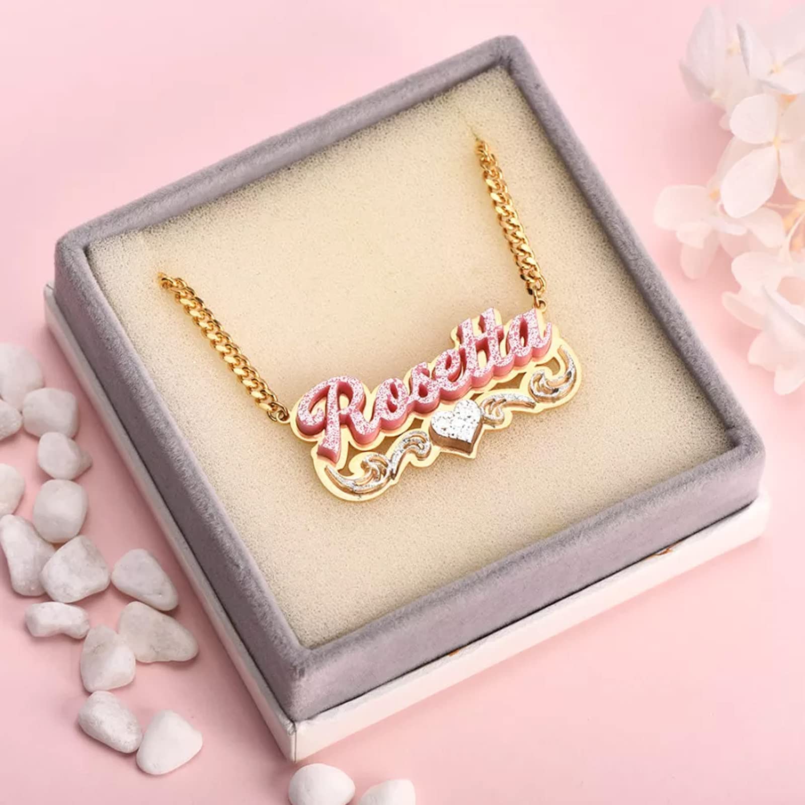 Gemiac Name Necklace Double Plate Pink Acrylic Nameplate Necklace with Heart Personalized Custom Necklace Gift for Women Customized Jewelry