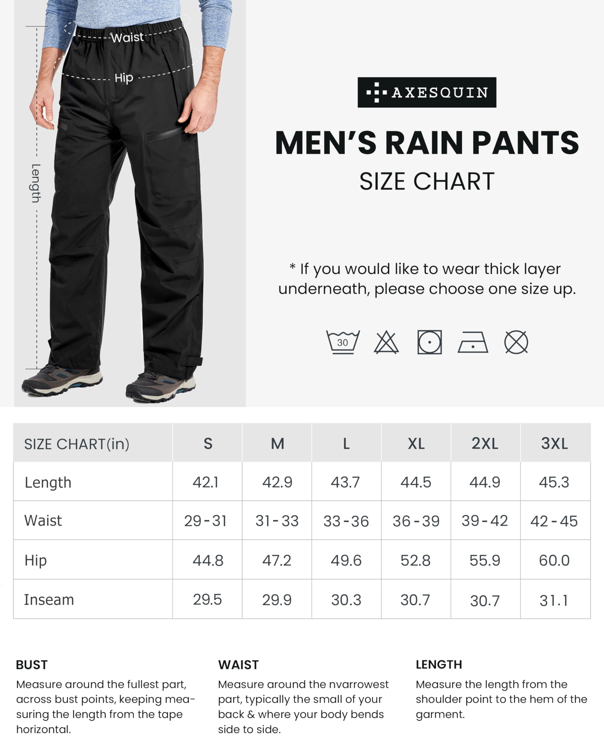 Men's Rain Pants, Waterproof Rain Over Pants Lightweight Packable Windproof Hiking Pants Outdoor Golf Work Black