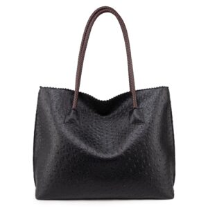 Milan Chiva Leather Tote Bag for Women with Zipper Large Ostrich Hobo Purse Shoulder Purses and Handbags Black MC-1038BK