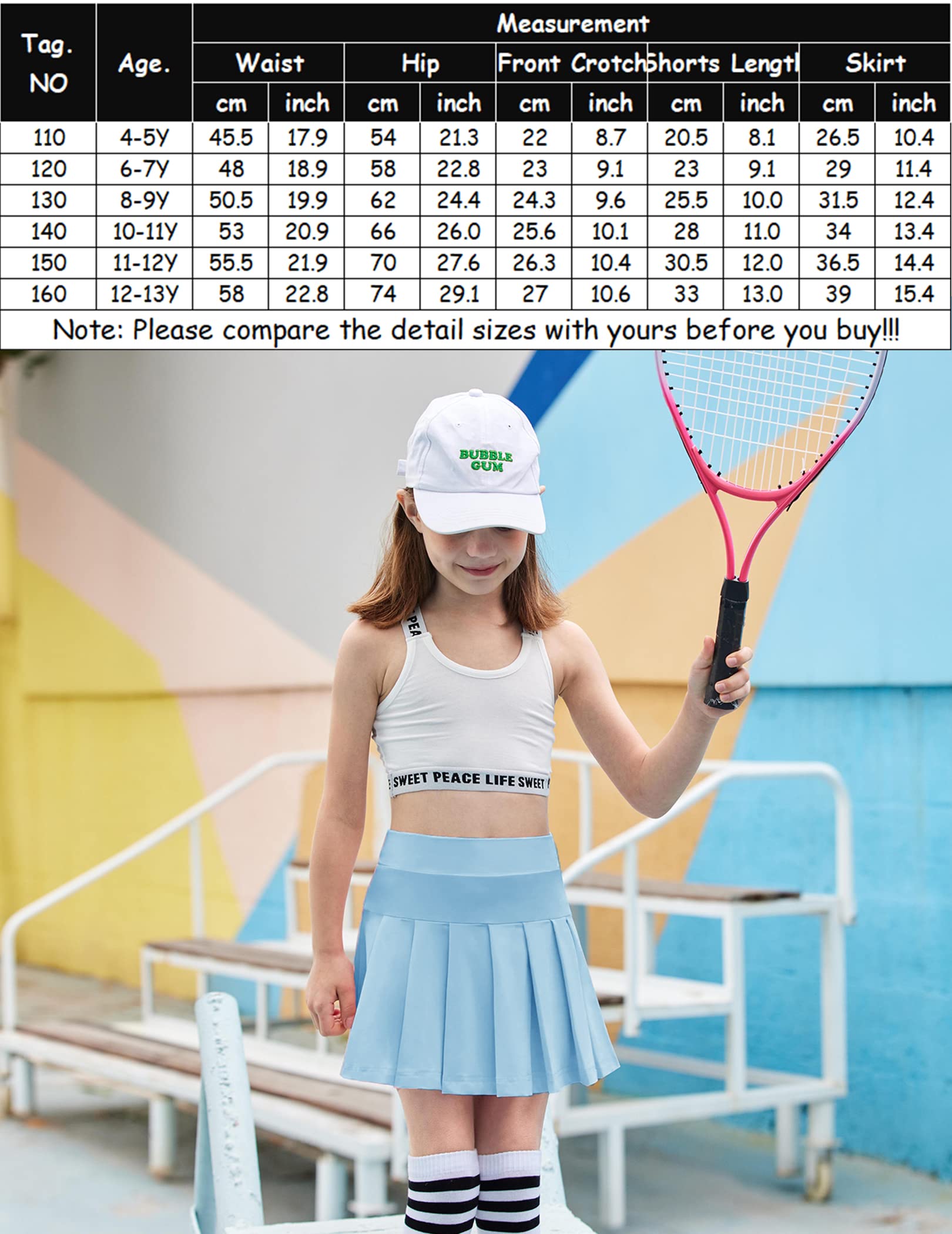 Arshiner Tennis Skirt Pleated Golf Skirts with Pockets Workout Sports Running Athletic Mini Skort (Light Blue, 8-9 Years)