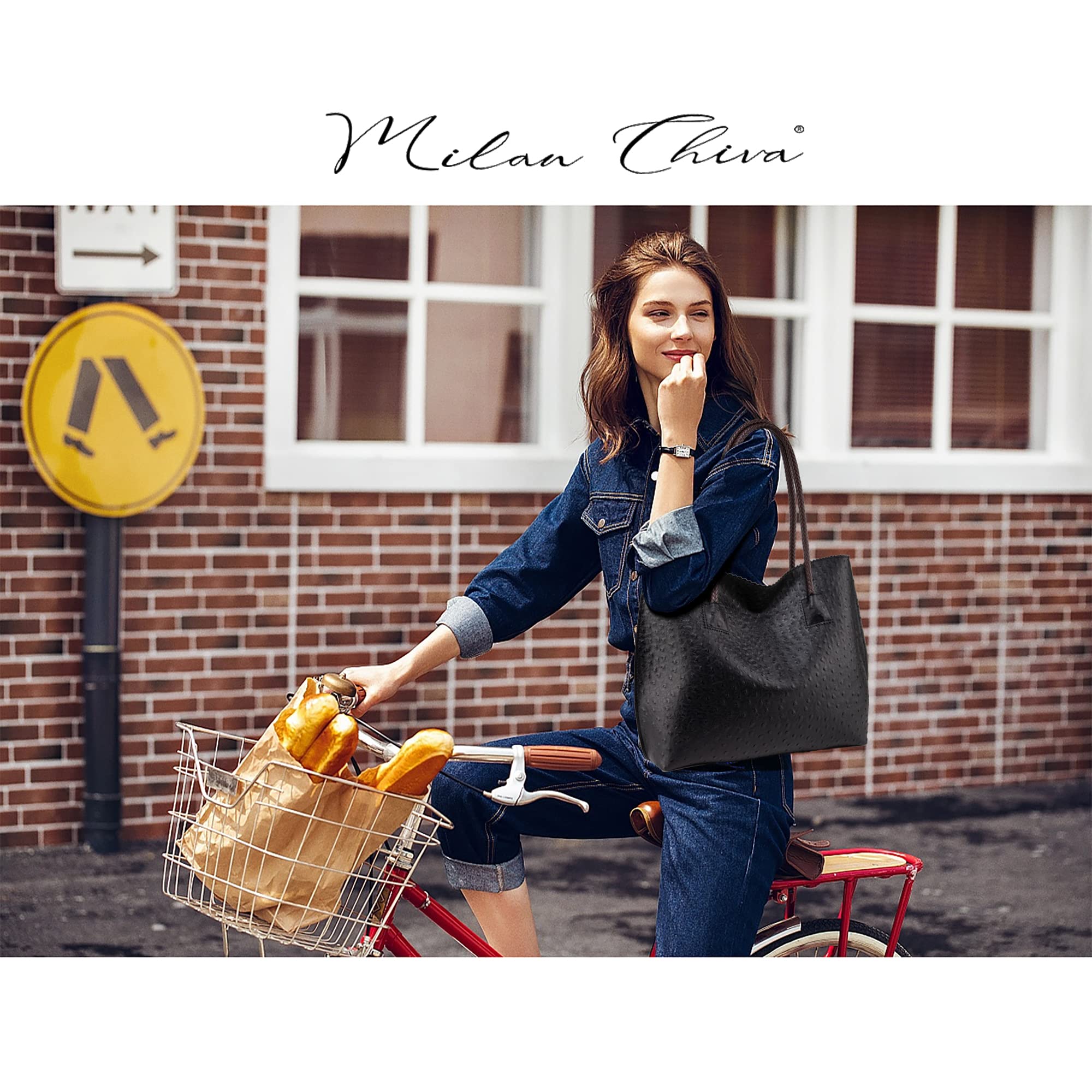 Milan Chiva Leather Tote Bag for Women with Zipper Large Ostrich Hobo Purse Shoulder Purses and Handbags Black MC-1038BK