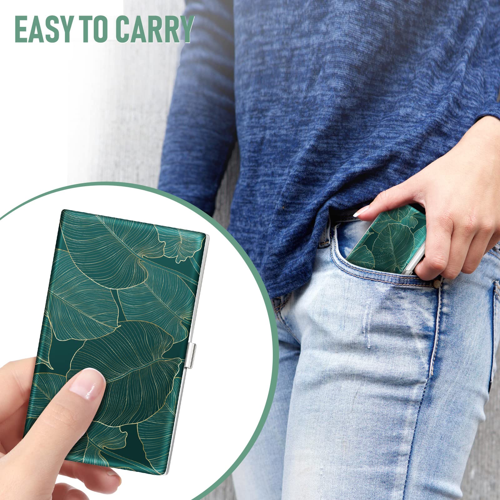 Swooflia Business Card Holder Case Wallet for Men Women Metal Green Tropical Leaves Slim Pocket Purse Square Card Cases Cute For Realtors Real Estate Agents