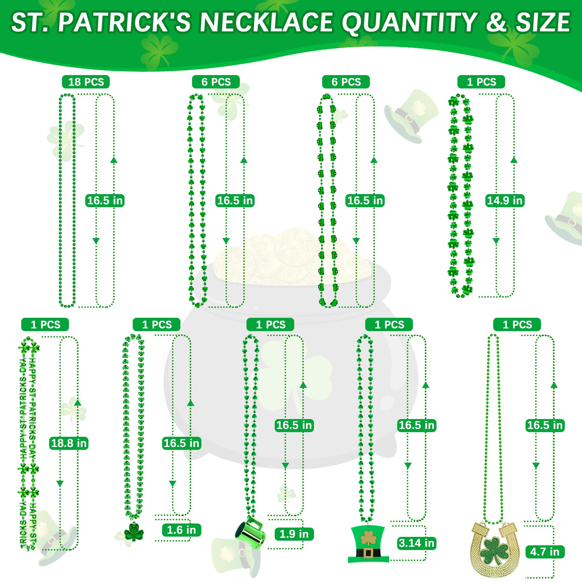 36PCS St. Patricks Day Beads, Irish 8 Kinds of St Patricks Necklace Necklace, Metallic Shamrock Beer Mug Coins Pendants Beads Necklaces, Adult St Patricks Necklaces Bulk for Parade Party Supplies