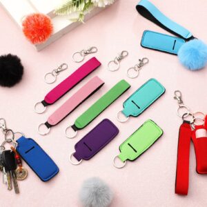 Tudomro Keychain Lip Balm Holder Set Include Lipstick Holder, Colorful Keychain Wristlet Lanyard, Fluffy Ball Pom Accessory and Metal Keychains for Purse Handbag (Bright Color, 20 Sets)