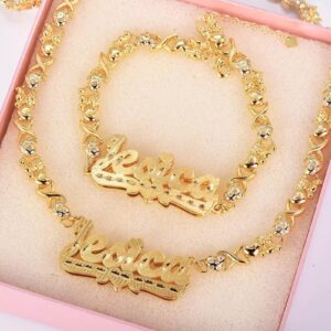 Custom Name Necklace Personalized Bracelet Set Gold Plated Double-Layer Nameplate Necklace Customized Gift for Women