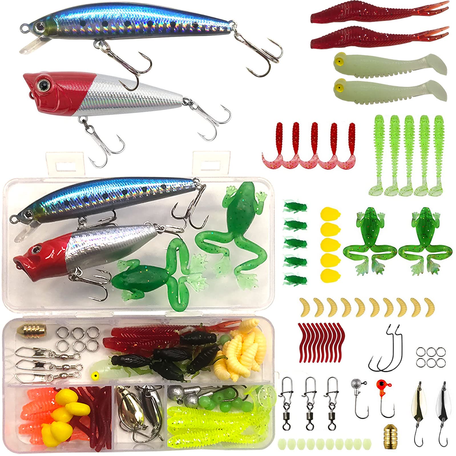 74pcs Fishing Lures Kit for Freshwater, Including Frog Lures Soft Fishing Lure Hard Metal Lure Popper Minnow Metal Jig Hook for Trout Bass Salmon