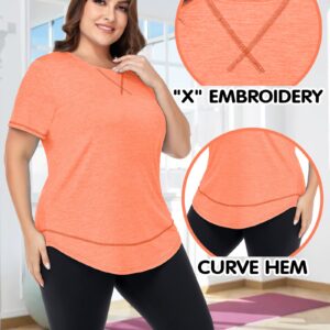 COOTRY Plus Size Workout Tops for Women Short Sleeve Loose fit Shirts Athletic Gym Yoga Clothing Short Orange 3XL