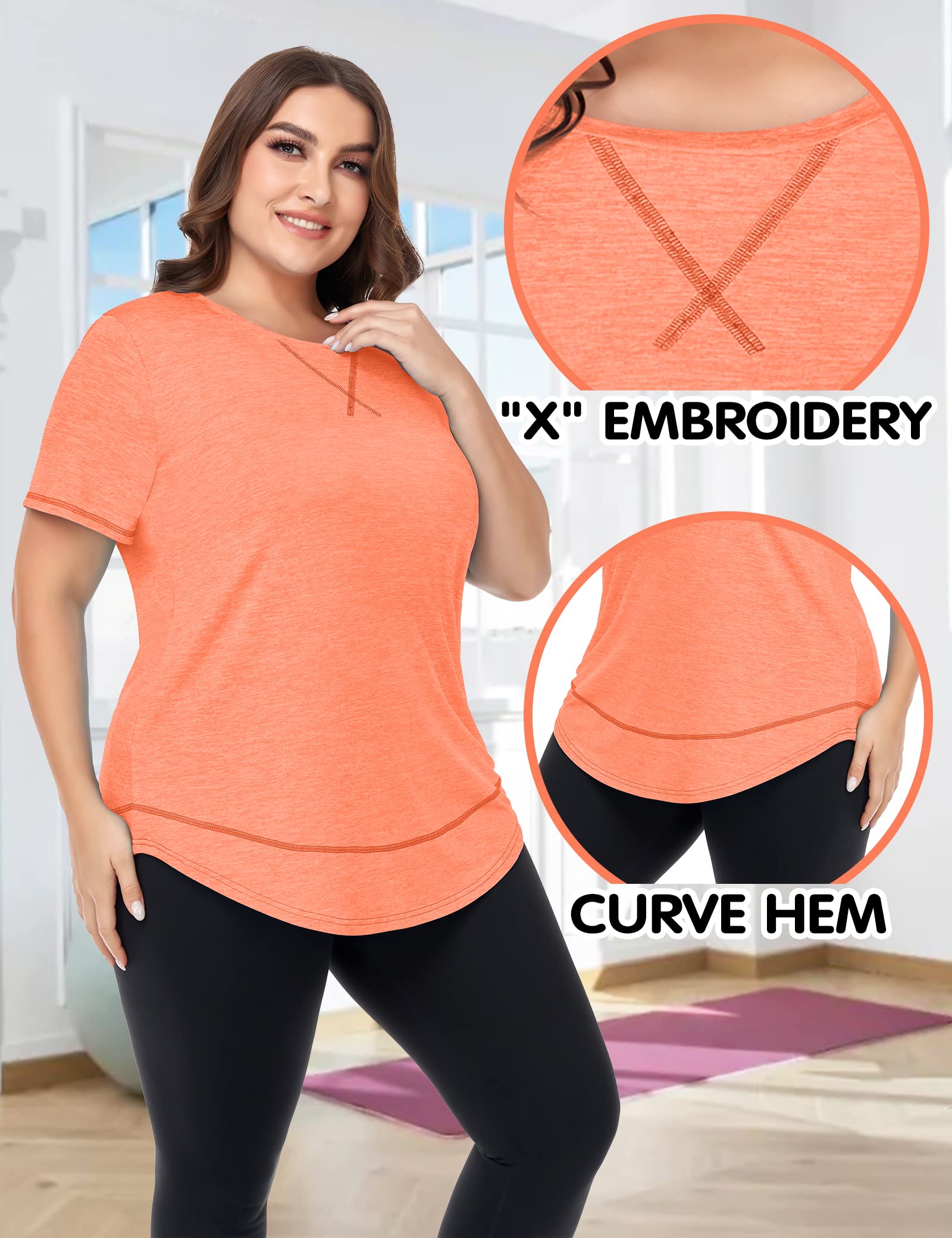 COOTRY Plus Size Workout Tops for Women Short Sleeve Loose fit Shirts Athletic Gym Yoga Clothing Short Orange 3XL