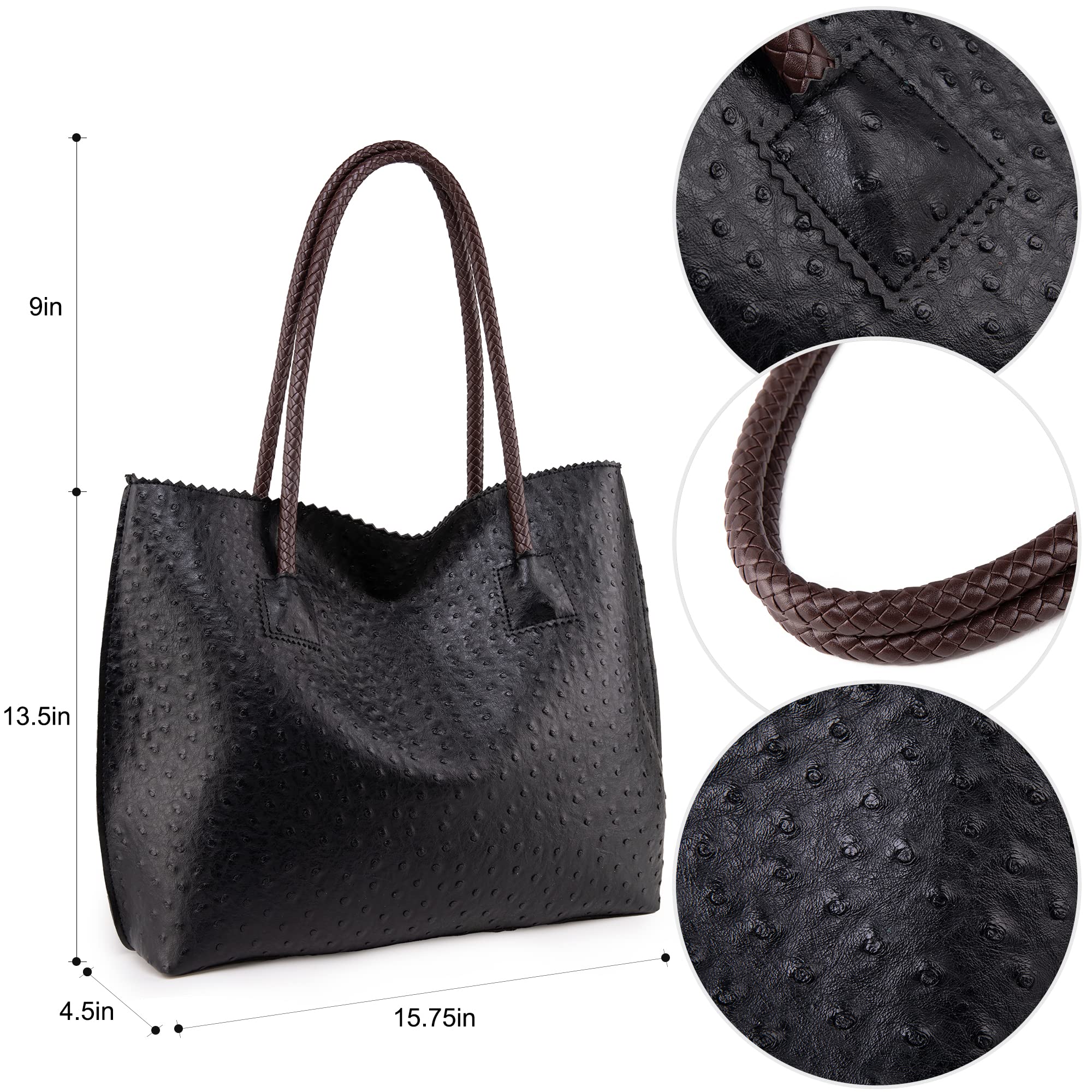 Milan Chiva Leather Tote Bag for Women with Zipper Large Ostrich Hobo Purse Shoulder Purses and Handbags Black MC-1038BK