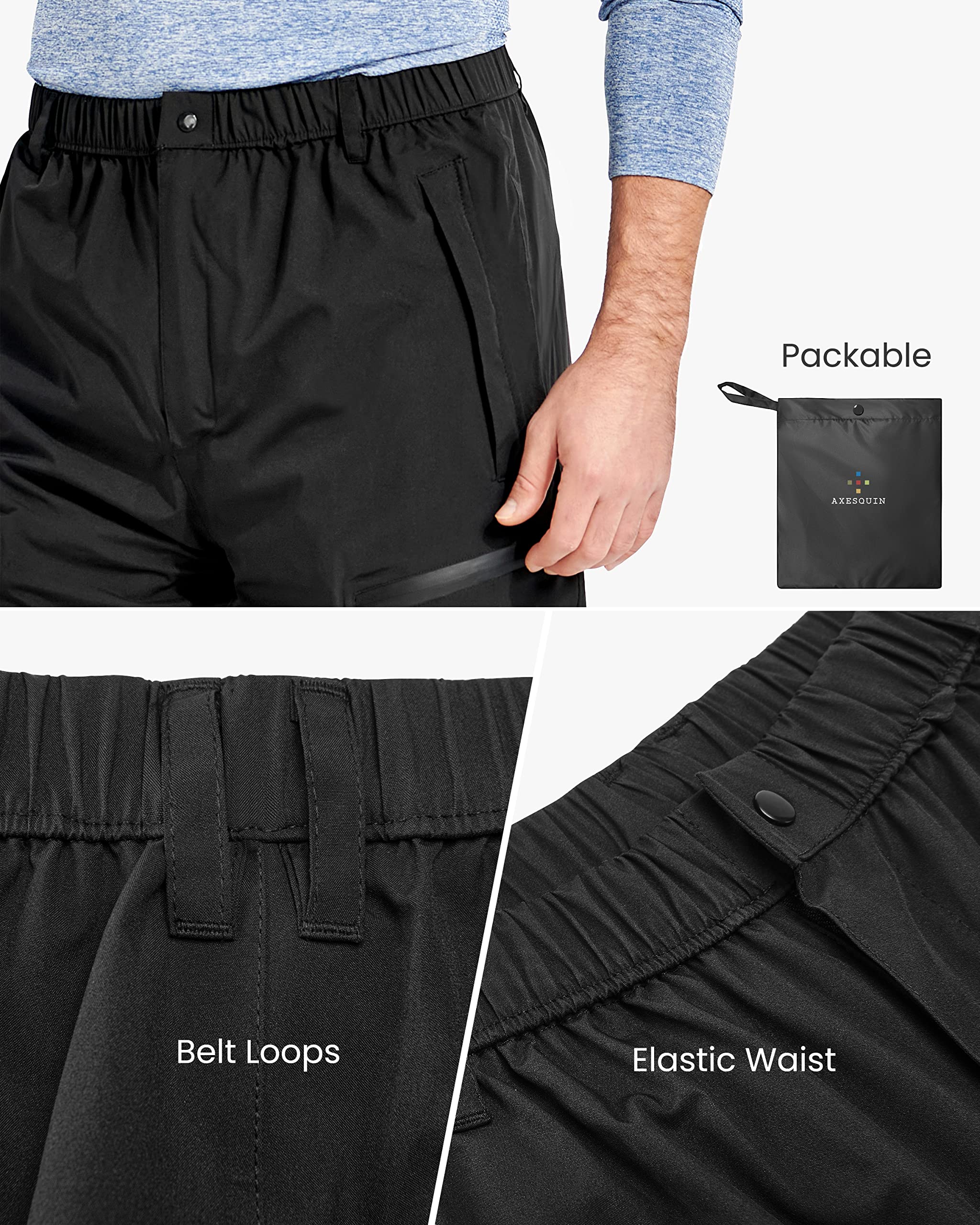 Men's Rain Pants, Waterproof Rain Over Pants Lightweight Packable Windproof Hiking Pants Outdoor Golf Work Black