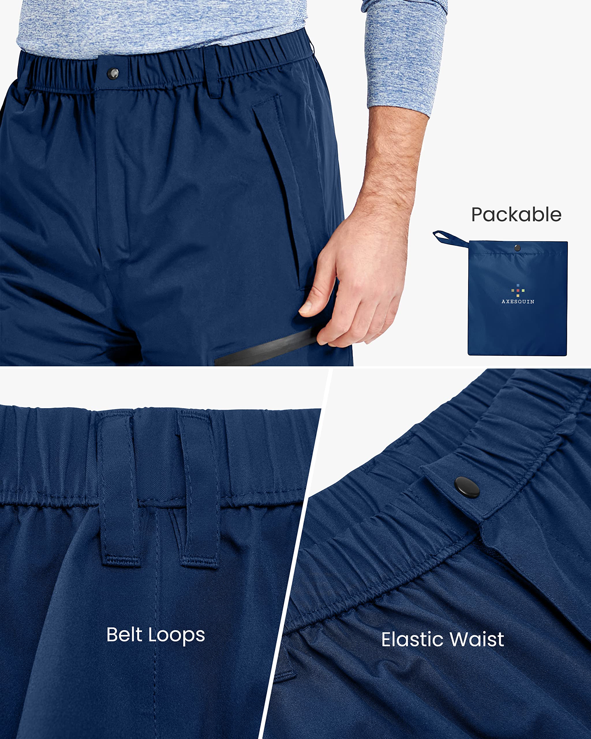 Men's Rain Pants, Waterproof Rain Over Pants Lightweight Packable Windproof Hiking Pants Outdoor Golf Work Navy