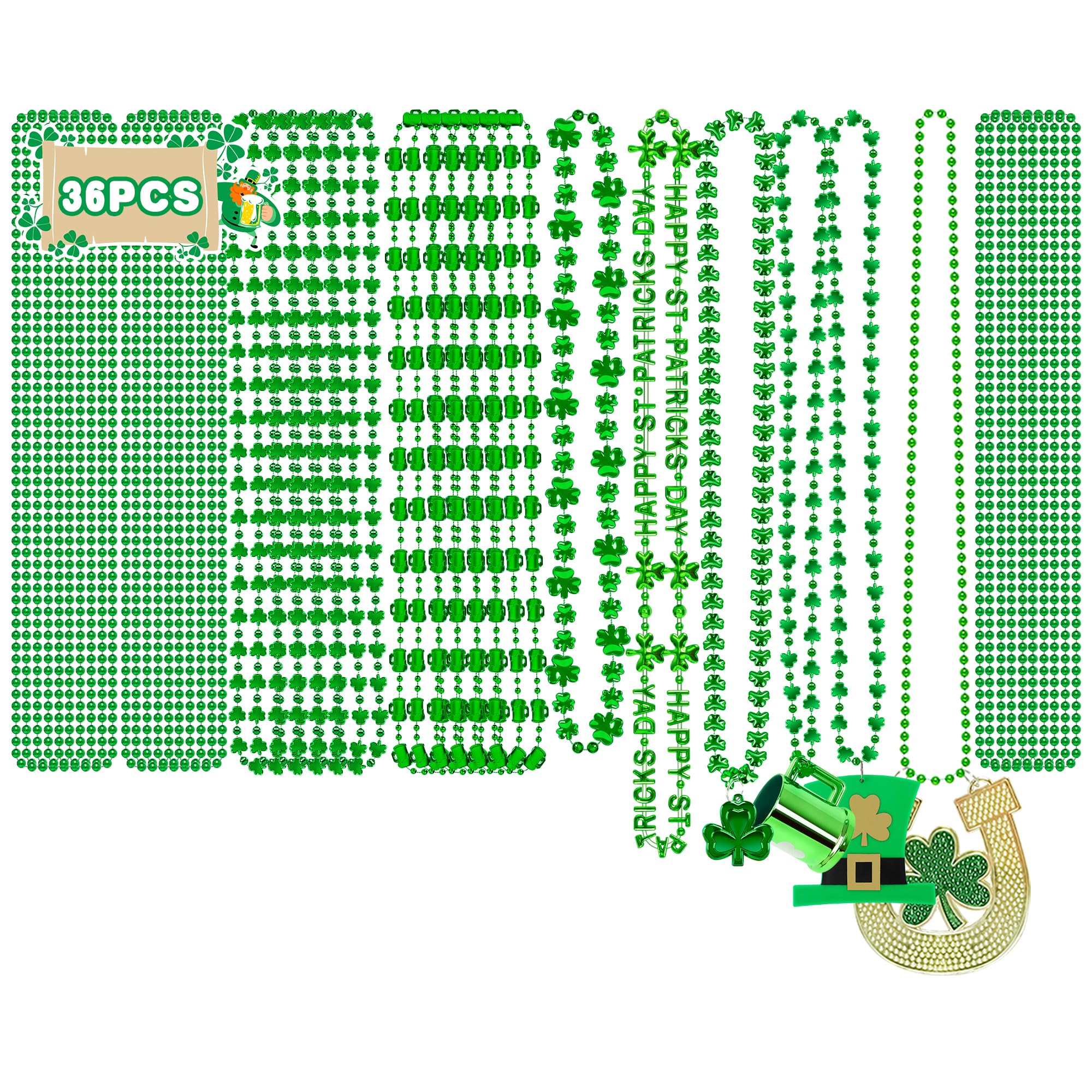 36PCS St. Patricks Day Beads, Irish 8 Kinds of St Patricks Necklace Necklace, Metallic Shamrock Beer Mug Coins Pendants Beads Necklaces, Adult St Patricks Necklaces Bulk for Parade Party Supplies