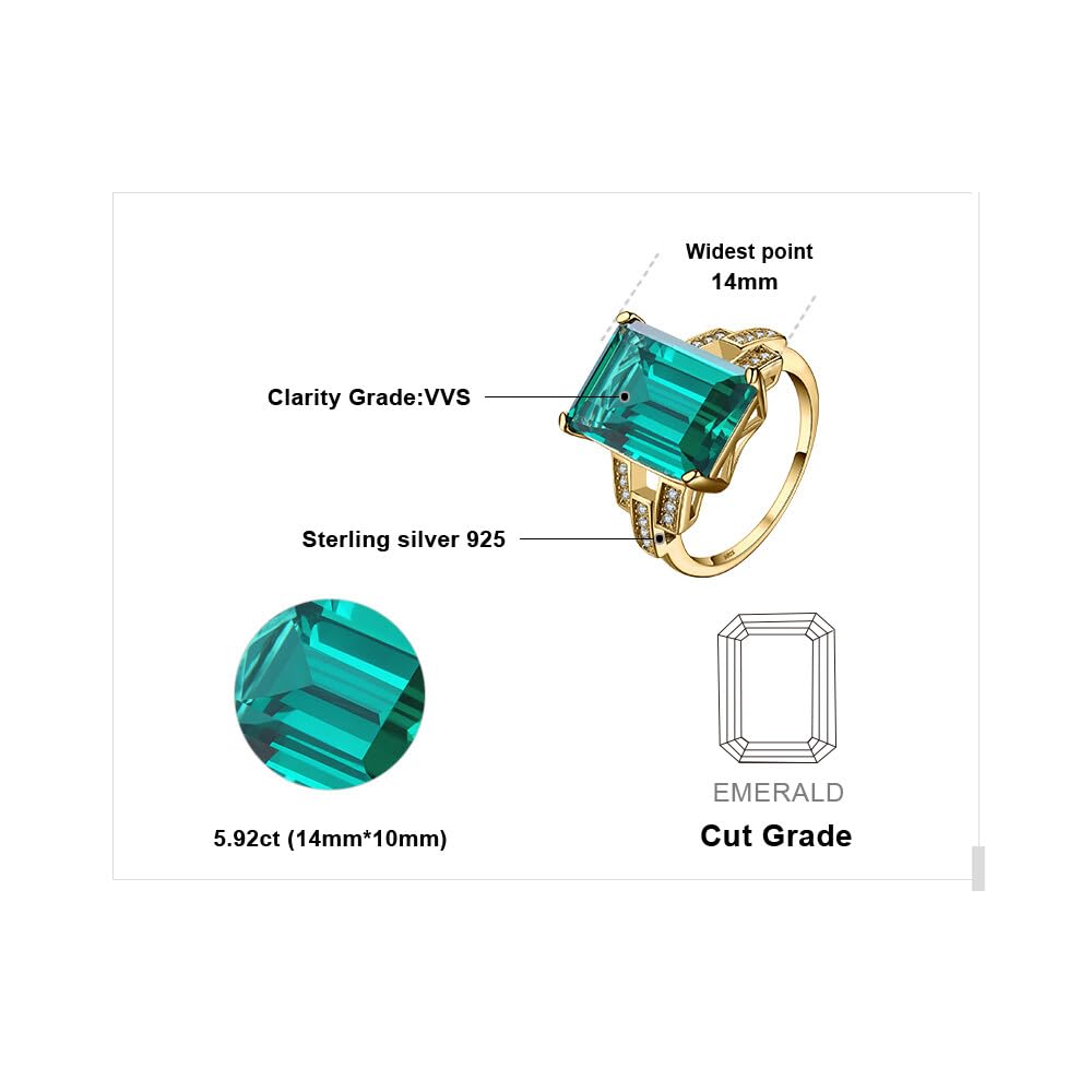 JewelryPalace Emerald Cut 6ct Simulated Emerald Solitaire Cocktail Rings for Women, Green Gemstone 925 Sterling Silver 14k Yellow Gold Plated Ring, Gemstone Ring for Women Jewelry Set 9