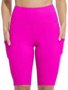 sociala women's knee length high waist biker shorts with pockets tummy control compression yoga running short magenta