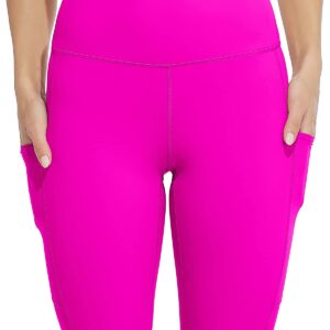 SOCIALA Women's Knee Length High Waist Biker Shorts with Pockets Tummy Control Compression Yoga Running Short Magenta